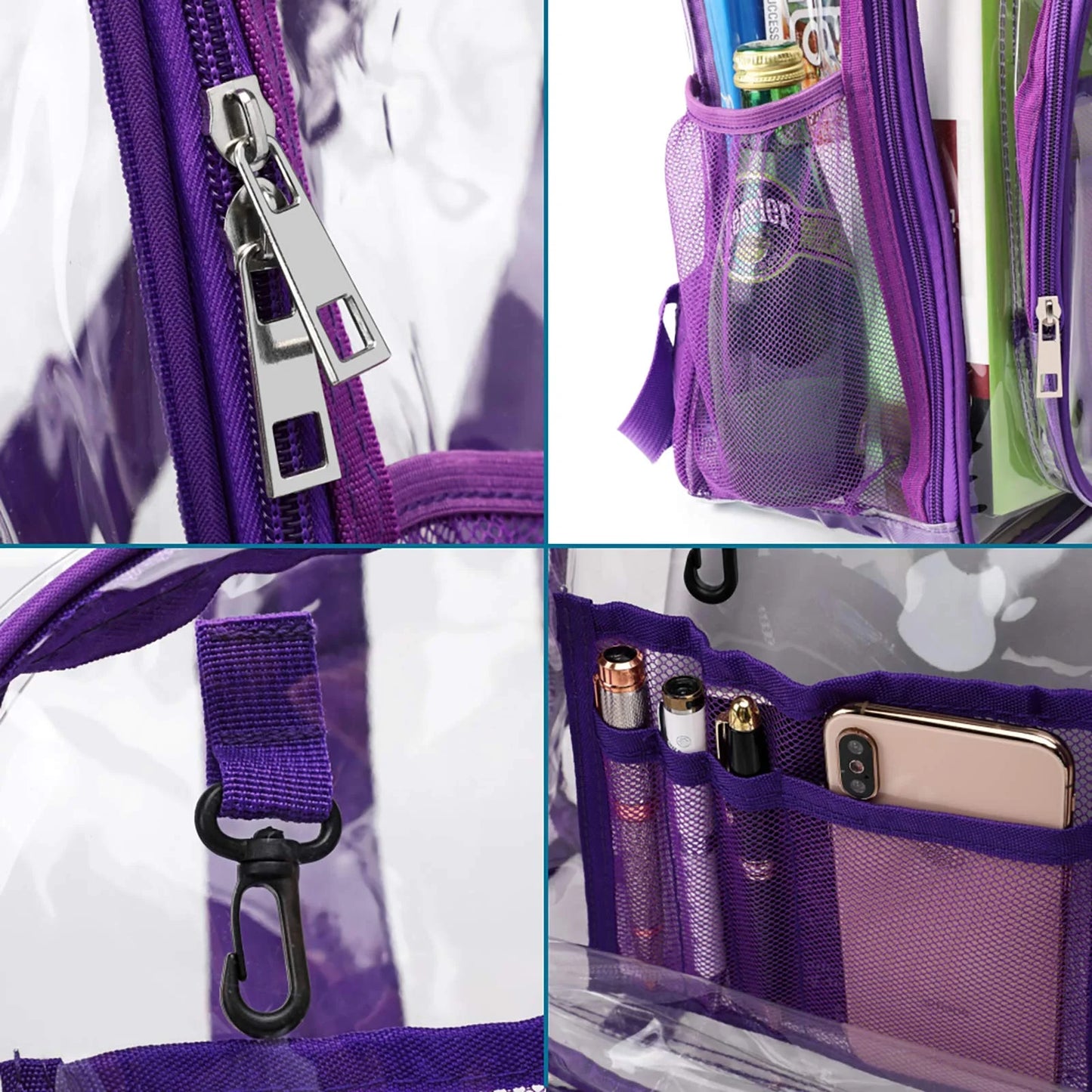 Clear Backpack Heavy Duty Stadium Approved Waterproof PVB Transparent Book Bag with Reinforced Strap for School Work Travel Festival, Purple