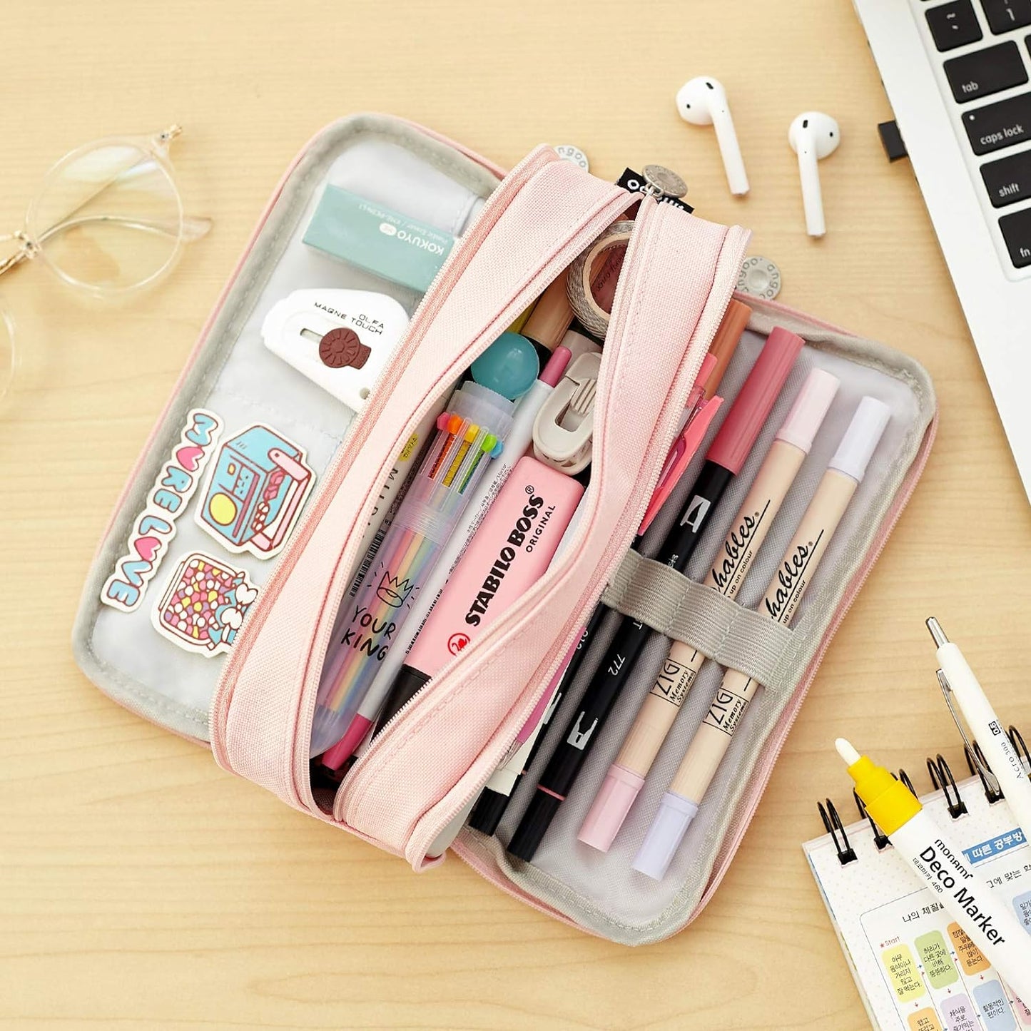 Large Capacity Pencil Case 3 Compartment Pouch Pen Bag for School Teen Girl Boy Men Women (Pink)