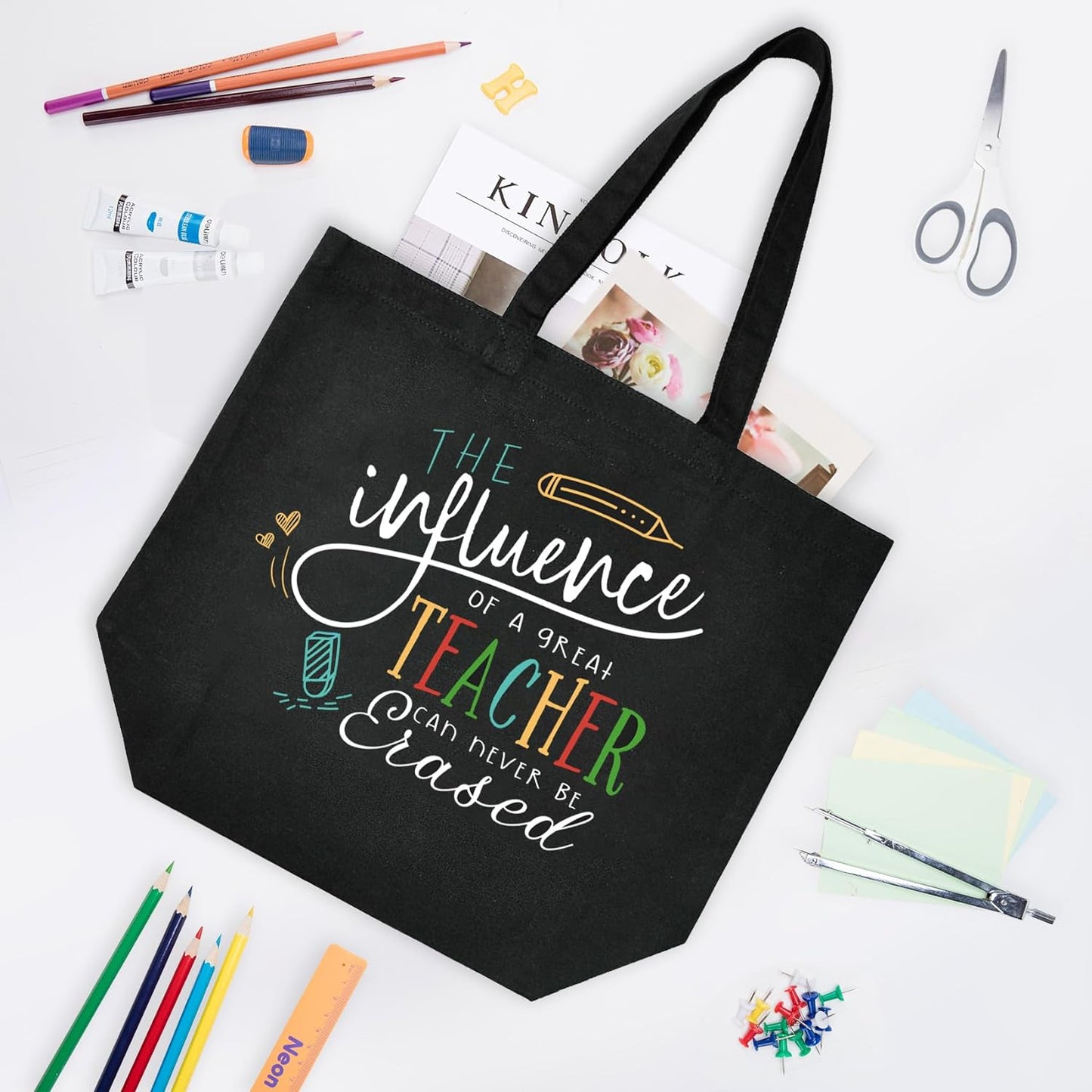 Teacher Gifts for Women Teacher Bag for Appreciation Week Valentines Day Birthday Graduation Christmas Thank You Black Cotton Canvas Tote Shoulder Bag with Interior Pocket