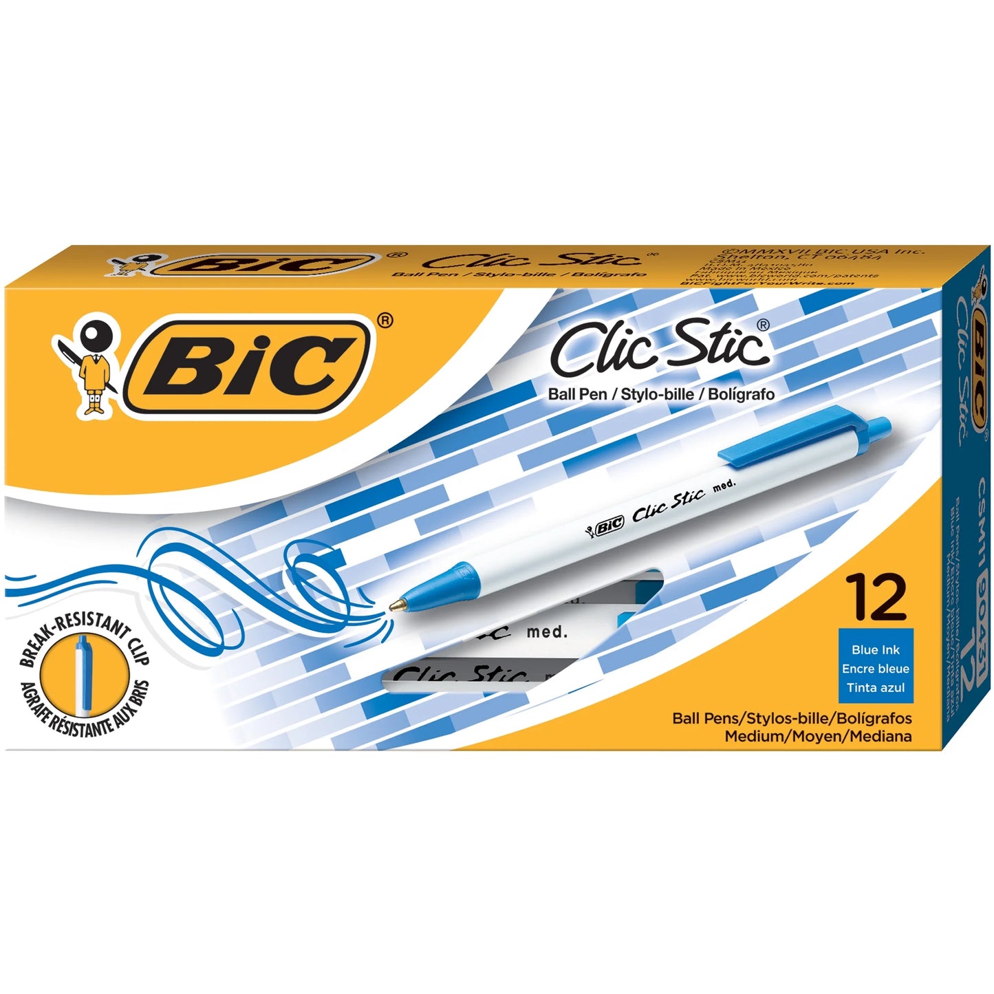 Clic Stic Retractable Ball Pen, Medium Point, Blue, 12-Pack