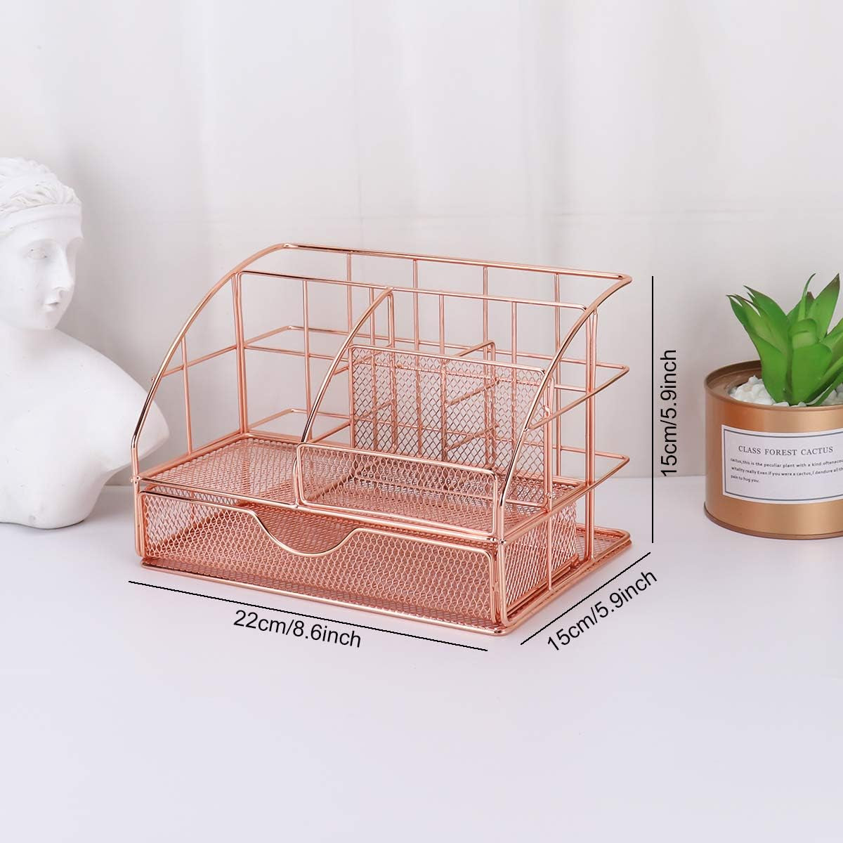 All-In-One Office Supplies, Desktop Drawer Organizer, Pen Holder, Sticky Note Holder, Mail Sorter, Metal Desk Accessories Rose Gold Desk Organizer