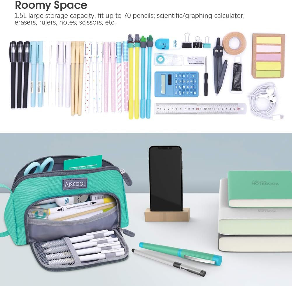 Big Capacity Pencil Case Bag Pen Pouch Holder Large Storage Stationery Organizer for School Supplies Office College (Green)