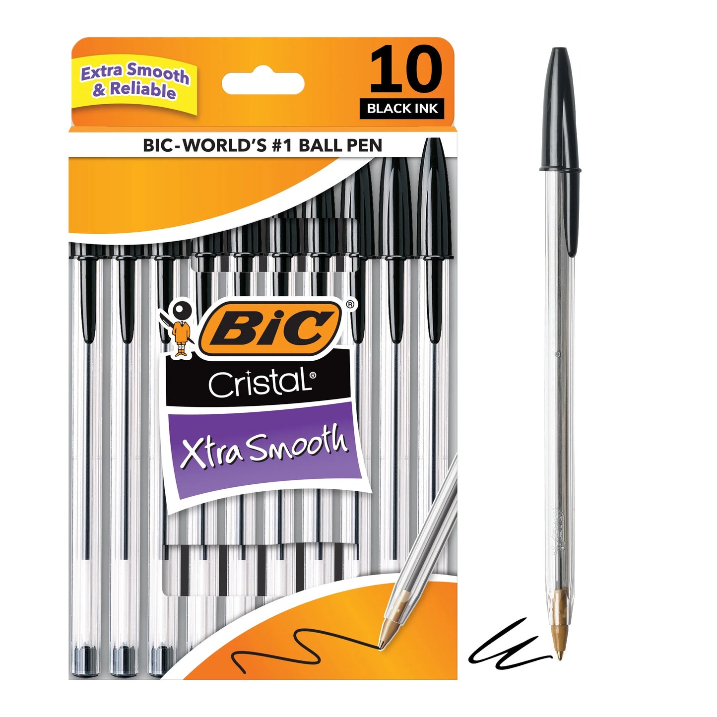 Cristal Xtra Smooth Black Ballpoint Pens, Medium Point (1.0Mm), 10-Count Pack