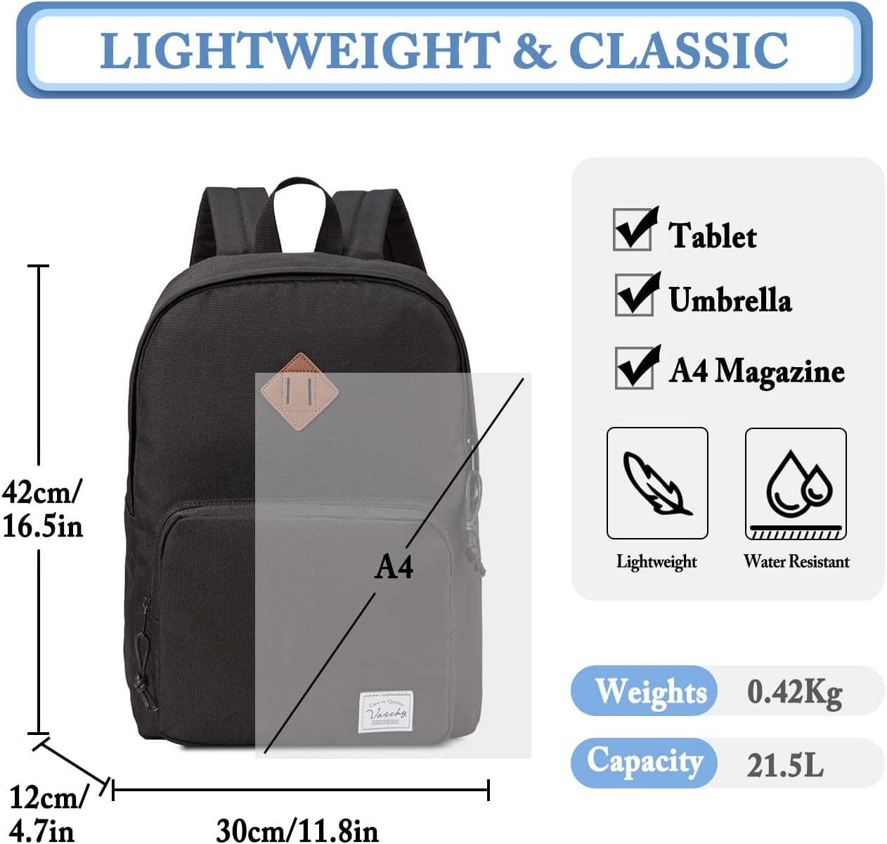 School Backpack, Ultra Lightweight Backpack for Men Women Schoolbag Bookbag for Kids Teen Boys Girls Black