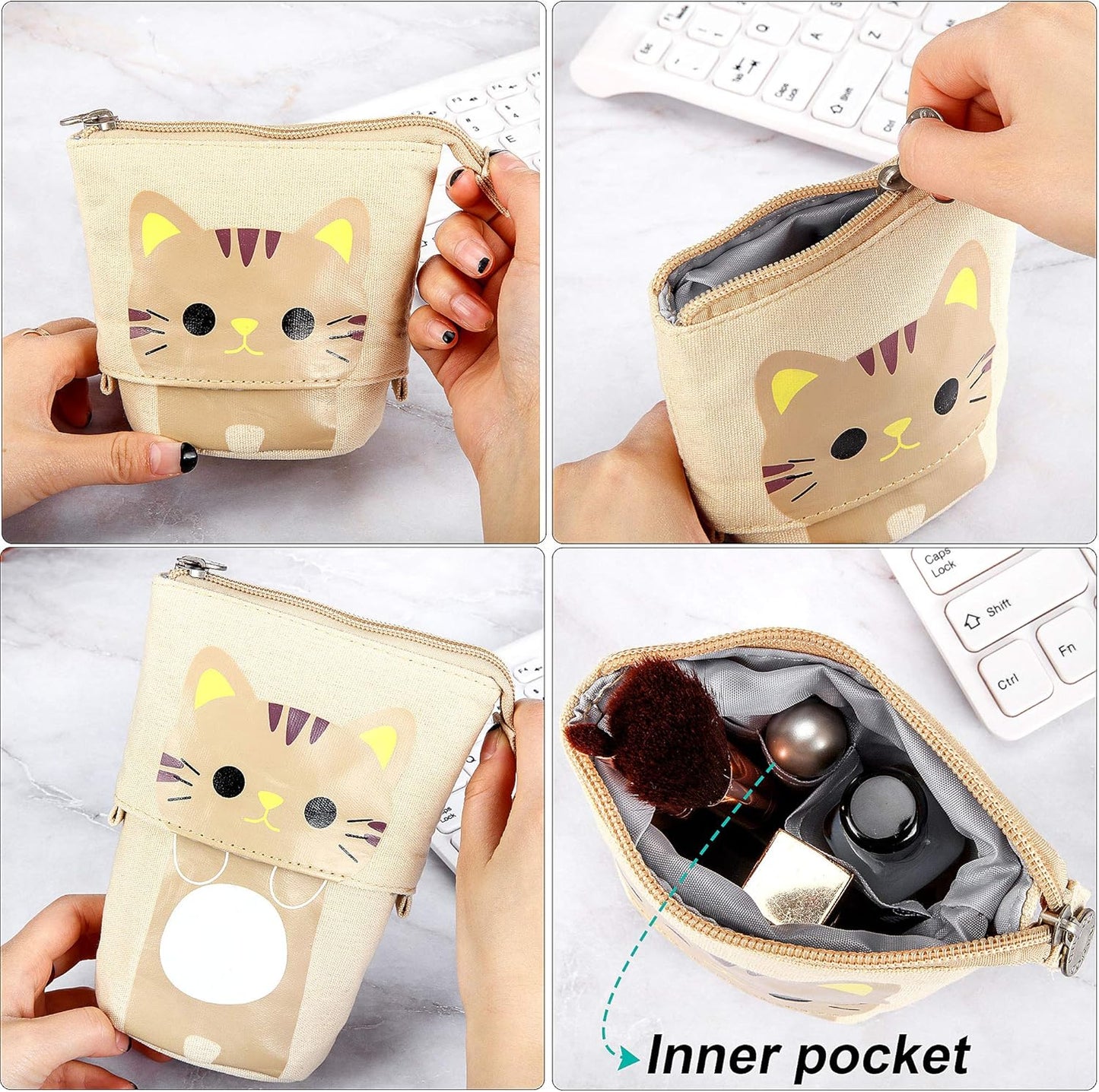 2 Pieces Cute Stand up Pencil Case Canvas PU Cat Pencil Holder Sliding Cartoon Telescopic Pencil Pouch Kitty Pen Organizer Bag with Zippers (Black and Brown Cat)