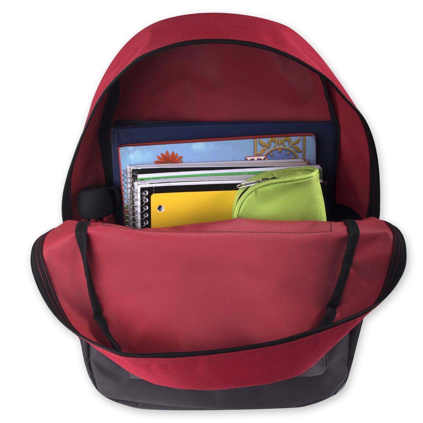 17”L Multi Pocket Dual Zipper Backpack with 2 Front Zippered Accessory Pockets and Large Main Compartment for Work, School, Travel and Commute in Red and Black