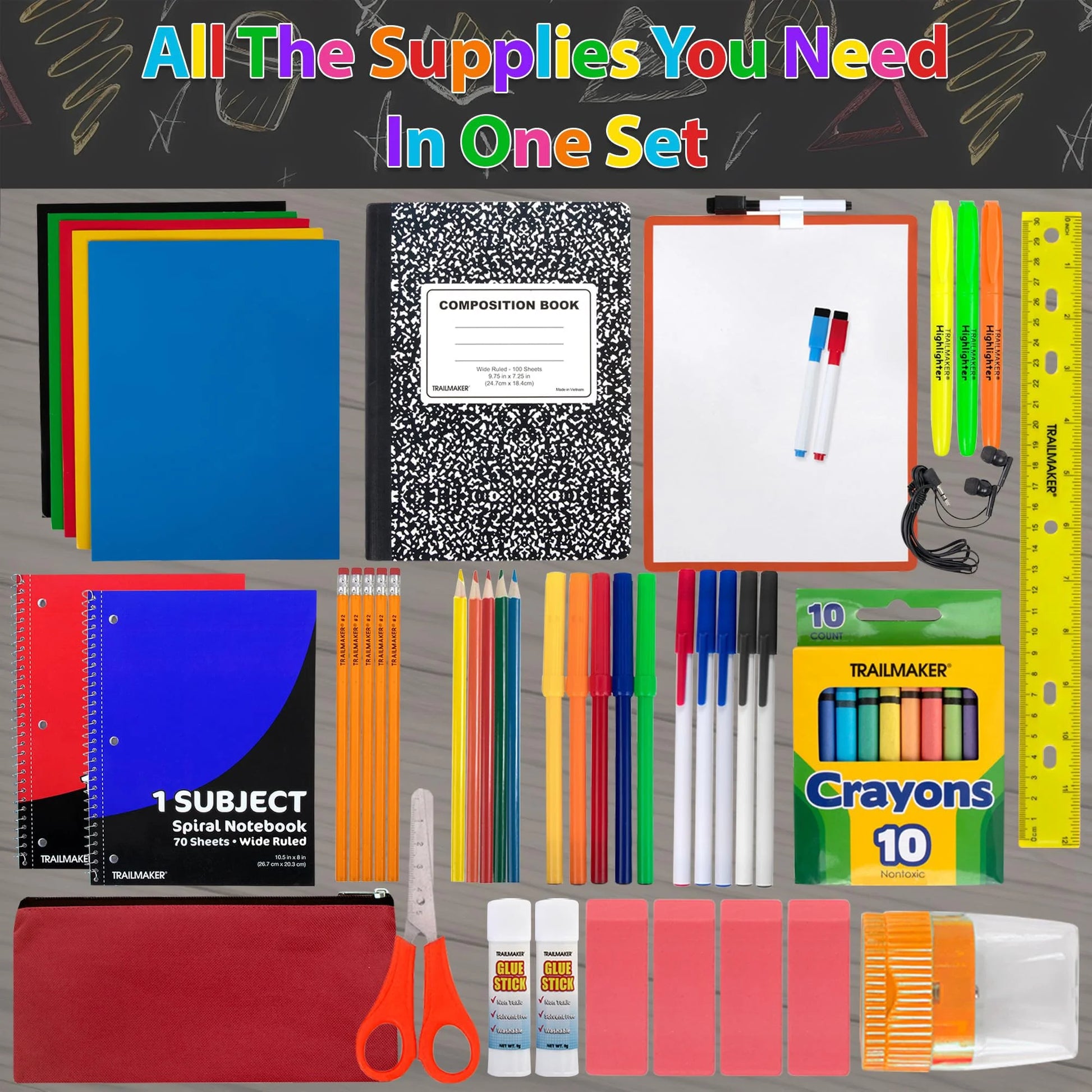 Single 60 Piece Back to School Supplies Kit Containing Spiral Notebooks, Composition Notebook, Folders, Dry Erase Board, Dry Erase Markers, No. 2 Pencils, Pens, Erasers, Markers & More!