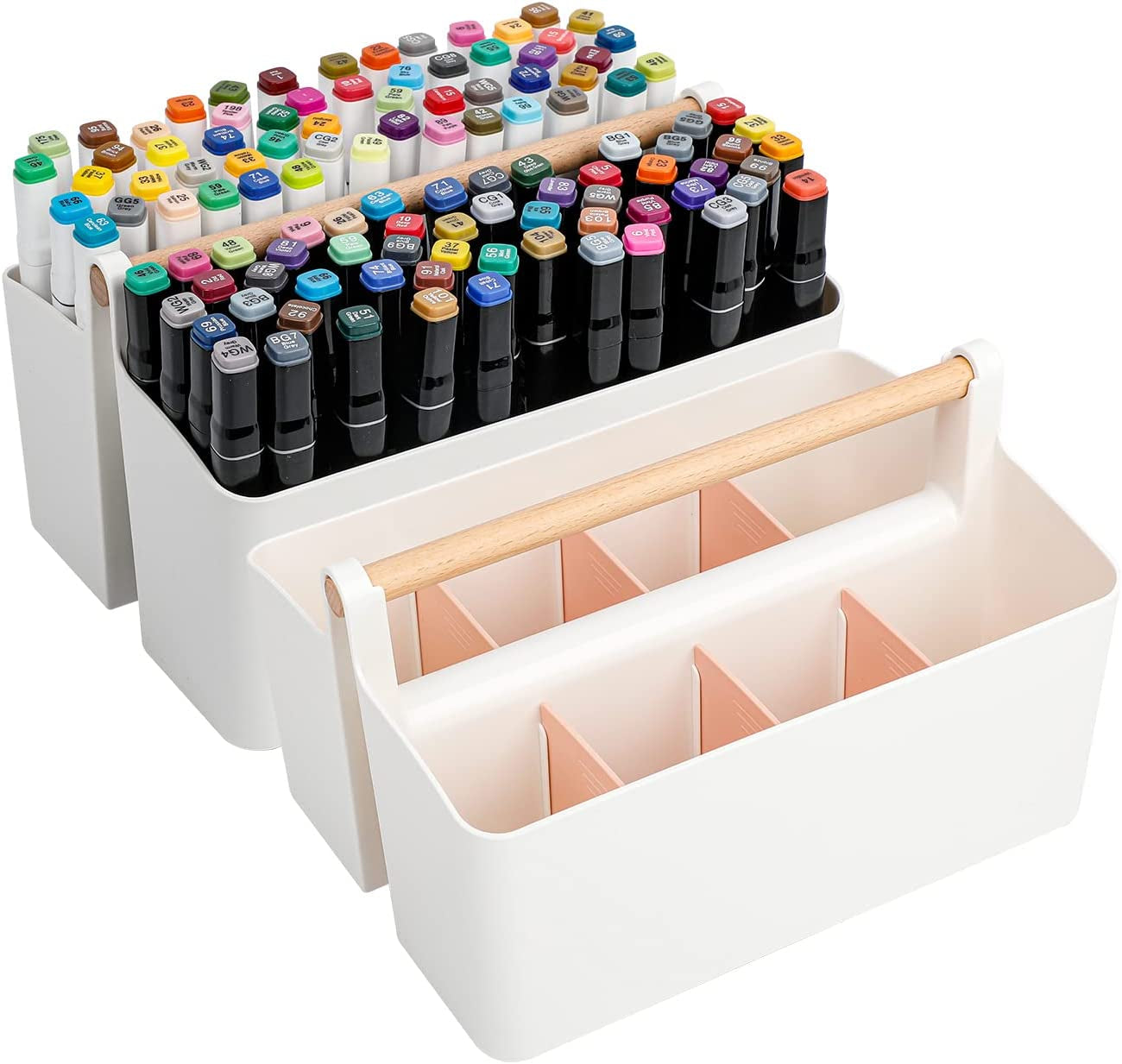 Large Marker Pen Organizer for Desk, Adjustable Pencil Holder for Home Office, Plastic Storage Basket with Wooden Handle for School, Classroom, Art Crafts Supply Caddy (White/Pink - 2 Pack)