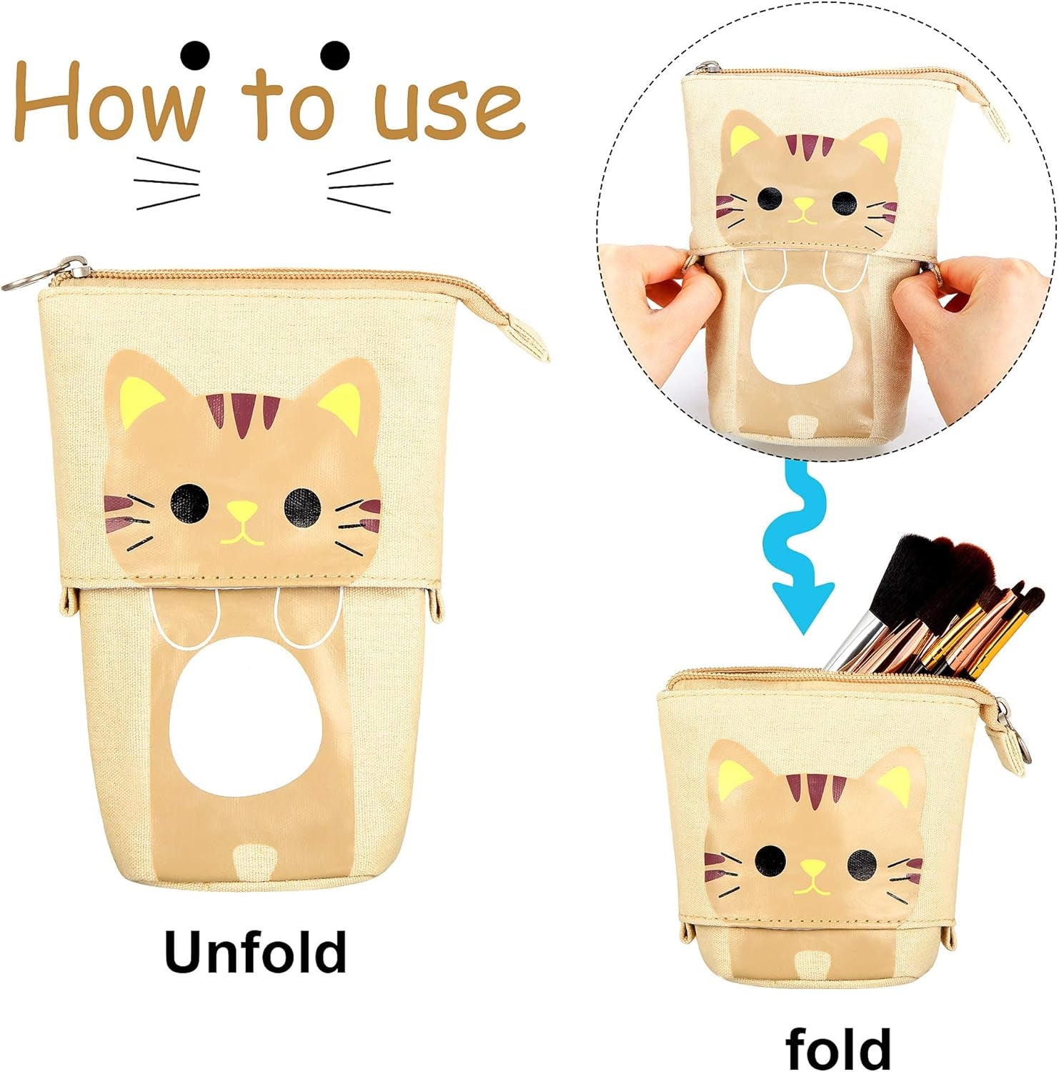 2 Pieces Cute Stand up Pencil Case Canvas PU Cat Pencil Holder Sliding Cartoon Telescopic Pencil Pouch Kitty Pen Organizer Bag with Zippers (Black and Brown Cat)