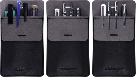Pocket Protector, 3 Pack PU Leather Heavy Duty Pen Holder Pouch for Shirts, Lab Coats, Pants - Multi-Purpose - Holds Pens, Pointers, Pencils, and Notes - Black