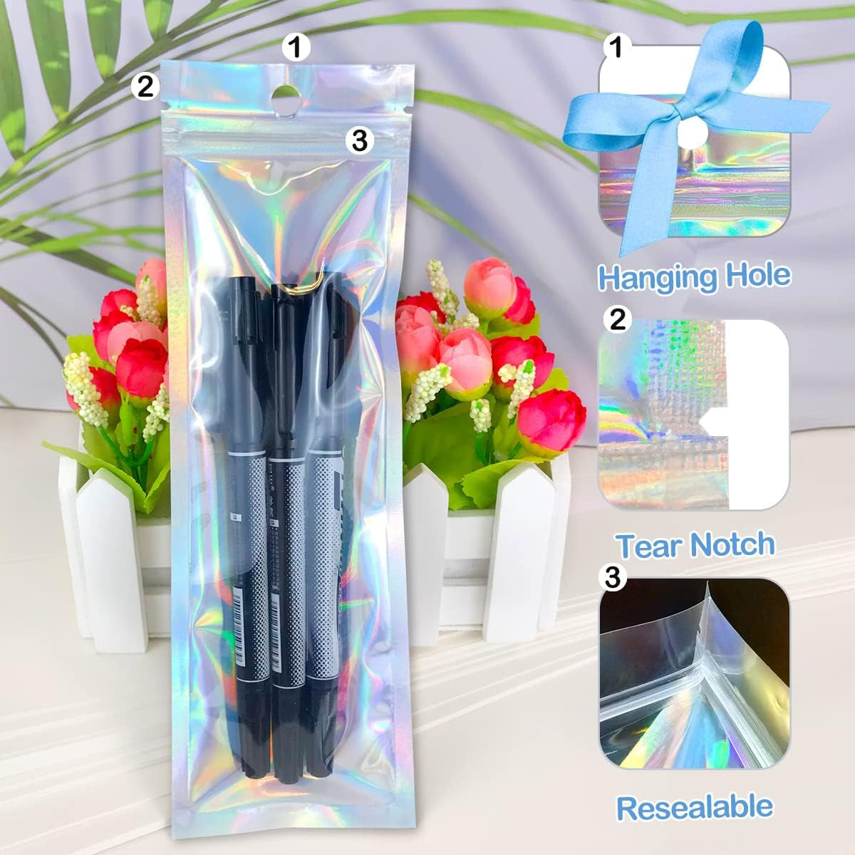 Resealable Foil Pouch Bag [100 PCS ] Great for Party Favor Food Storage (Holographic Color, 2.7 X 8.6 Inch)
