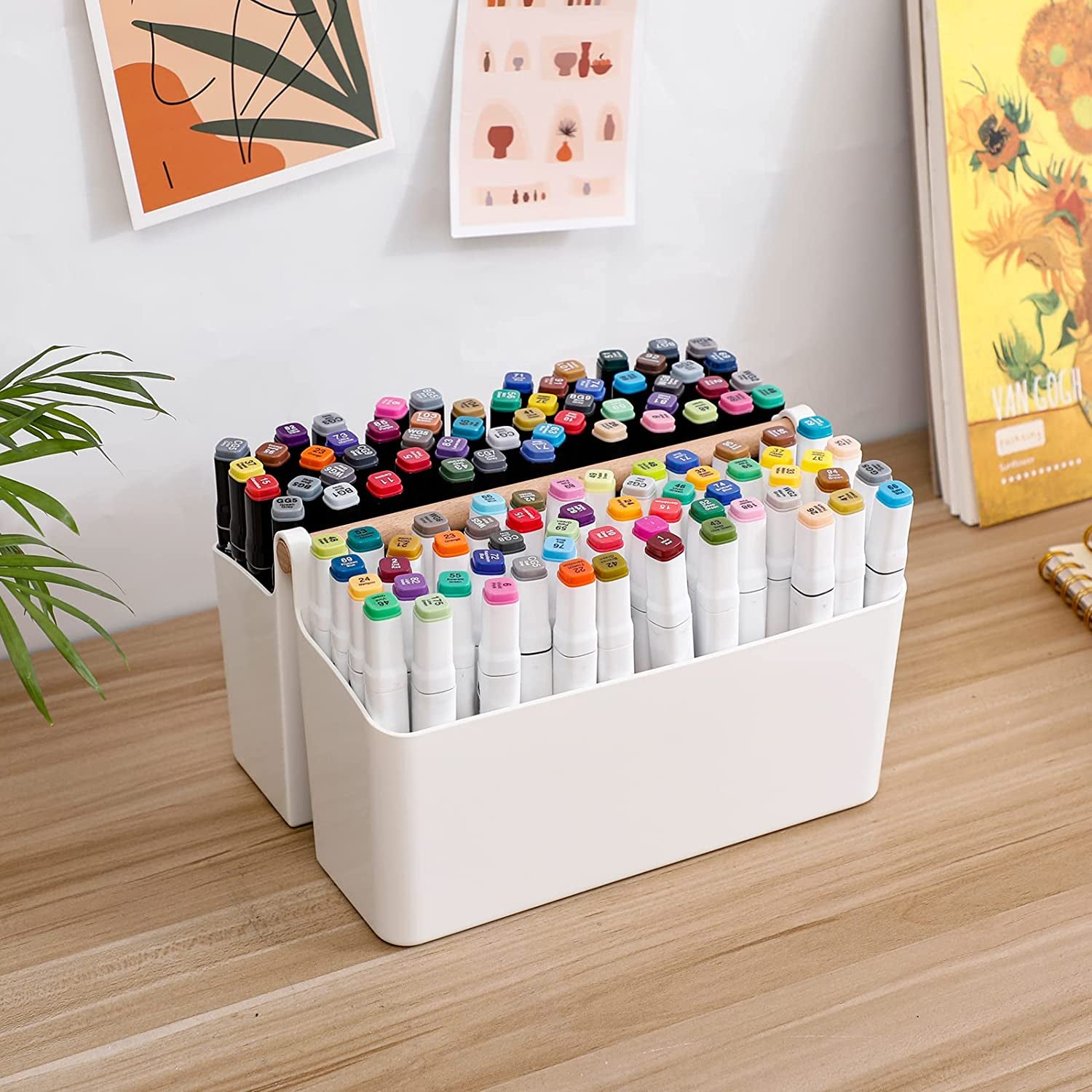 Large Marker Pen Organizer for Desk, Adjustable Pencil Holder for Home Office, Plastic Storage Basket with Wooden Handle for School, Classroom, Art Crafts Supply Caddy (White/Pink - 2 Pack)