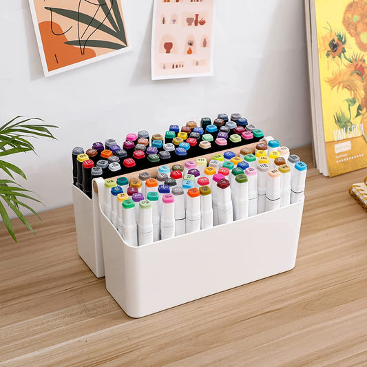 Large Marker Pen Organizer for Desk, Adjustable Pencil Holder for Home Office, Plastic Storage Basket with Wooden Handle for School, Classroom, Art Crafts Supply Caddy (White/Pink - 2 Pack)