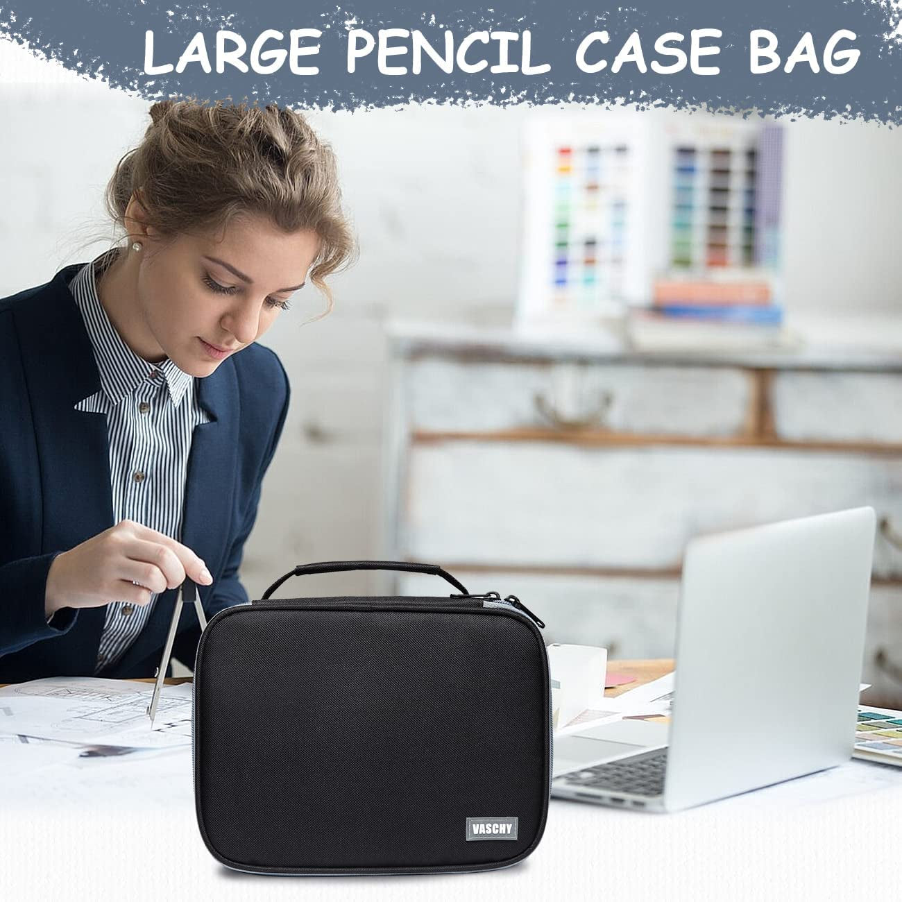Large Pencil Case, Art Color Pencils Pouch with Detachable Layers Multiple Zip Pockets for School Office Stationary Organization Black