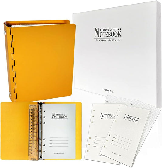 Notebook Daily Journal Writing Lined Metal Aluminum A6 Refill Paper Ring Binder 100Gsm 80 Sheets (160 Pages) Notebooks with Scale Rule, Inner Pocket in Gift Box for Work, Note Taking, Women, Men, Adults, Offices, Schools, Christmas, Birthday, Anniversary (Gold, A5)