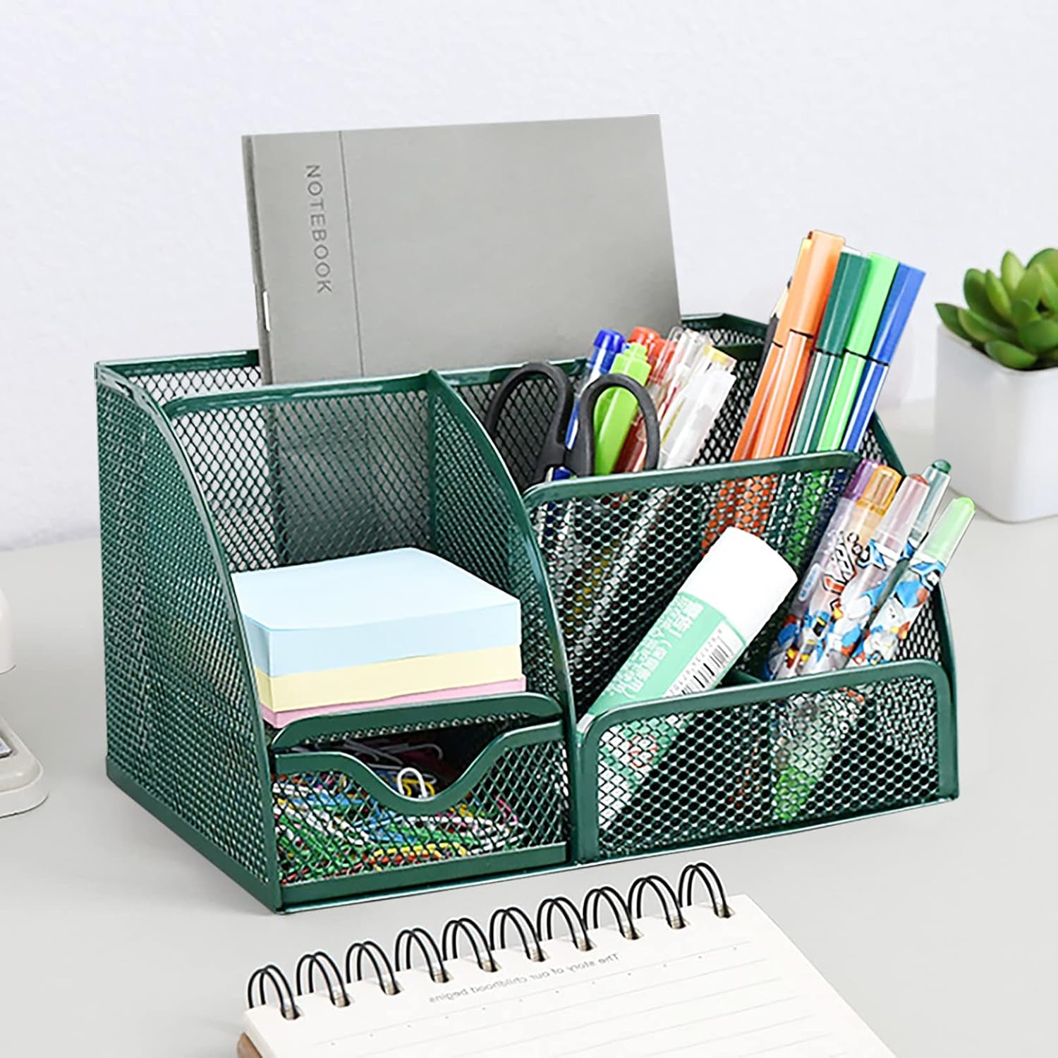 Office Supply Caddy Metal Mesh Desktop Supplies Organizer School Supply Holder Stuff Storage Organizer 6 Compartments with Drawer (Olive Green)