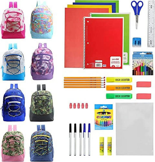 17 Inch Bulk Backpacks with 52 Piece Wholesale School Supply Kits in 8 Assorted Styles - Case of 8 Pack Bundle