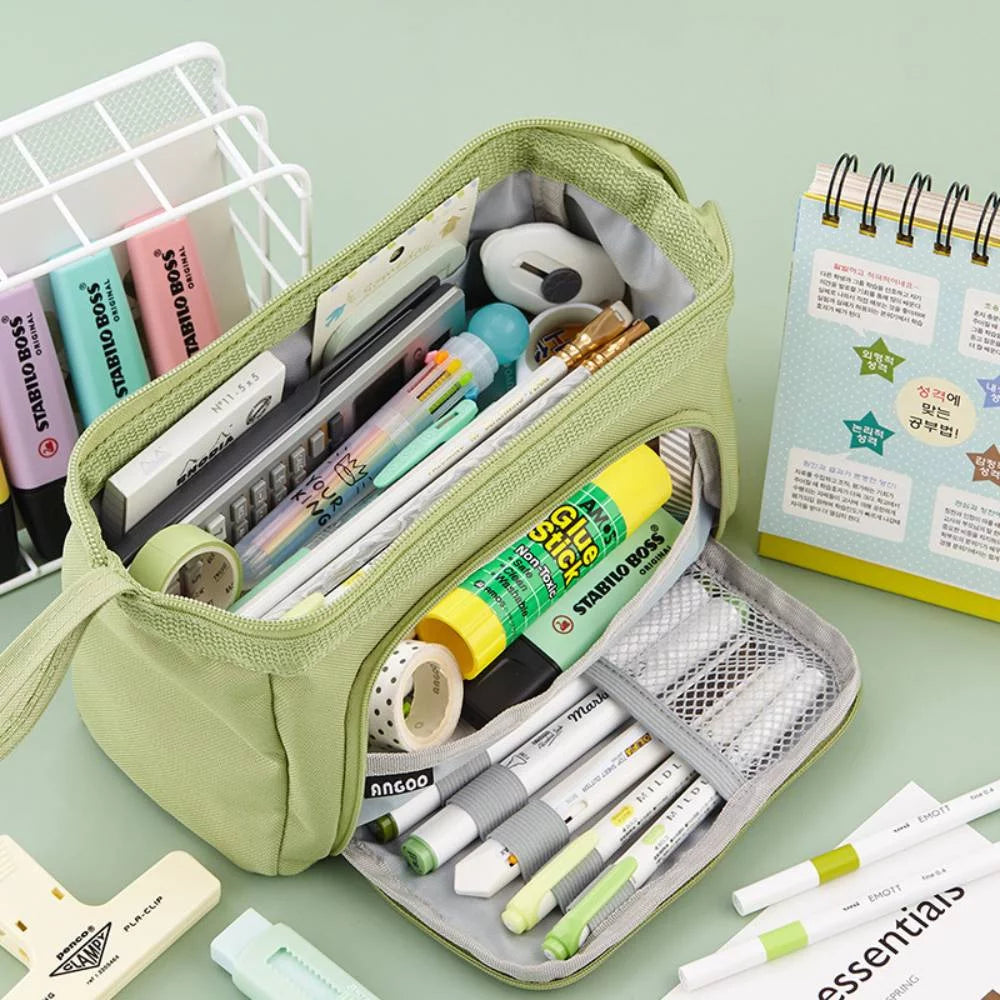 High Capacity Pencil Pen Case, Durable Pencil Bag Pouch Box Organizer Cases with Easy Grip Handle & Loop, Asthetic Supply for Girls Adults,Green