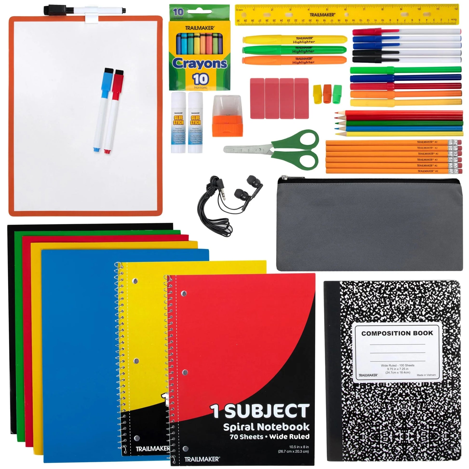 Single 60 Piece Back to School Supplies Kit Containing Spiral Notebooks, Composition Notebook, Folders, Dry Erase Board, Dry Erase Markers, No. 2 Pencils, Pens, Erasers, Markers & More!