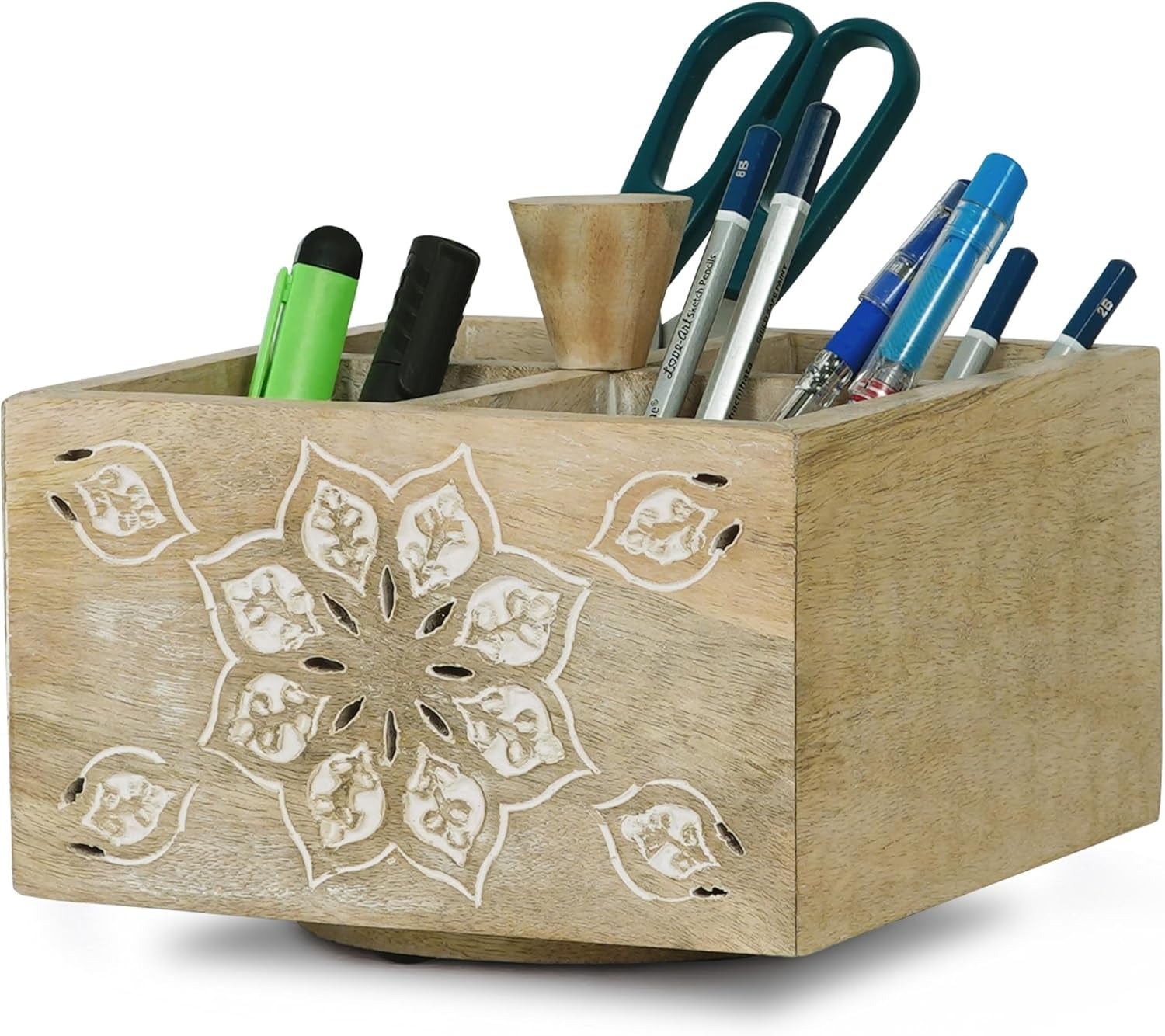 Spinning Wooden Pen Holder - Serena, Whitewash | Pencil Cups for Desktop Organization | Rustic Farmhouse Decor | Elegant Office Desk Accessories | 4 Storage Compartments