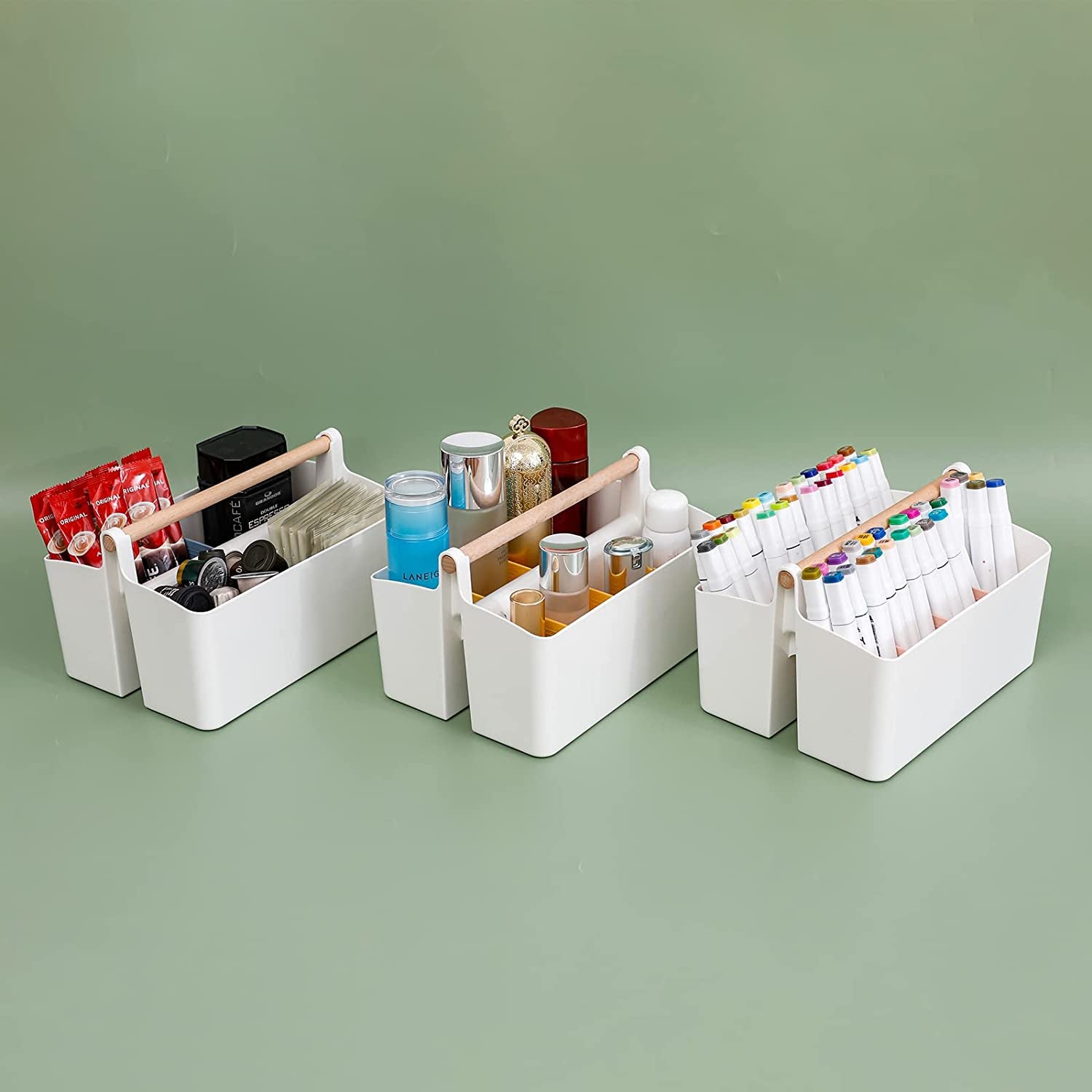 Large Marker Pen Organizer for Desk, Adjustable Pencil Holder for Home Office, Plastic Storage Basket with Wooden Handle for School, Classroom, Art Crafts Supply Caddy (White/Pink - 2 Pack)
