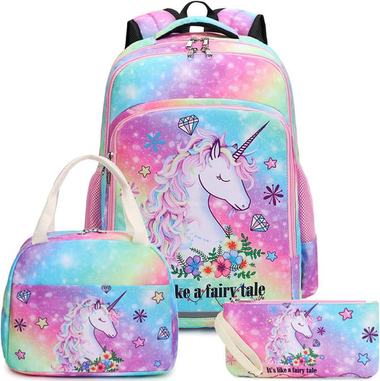 Girls Backpack Kids Boys Elementary Bookbag Girly School Bag with Insulated Lunch Tote and Pencil Pouch