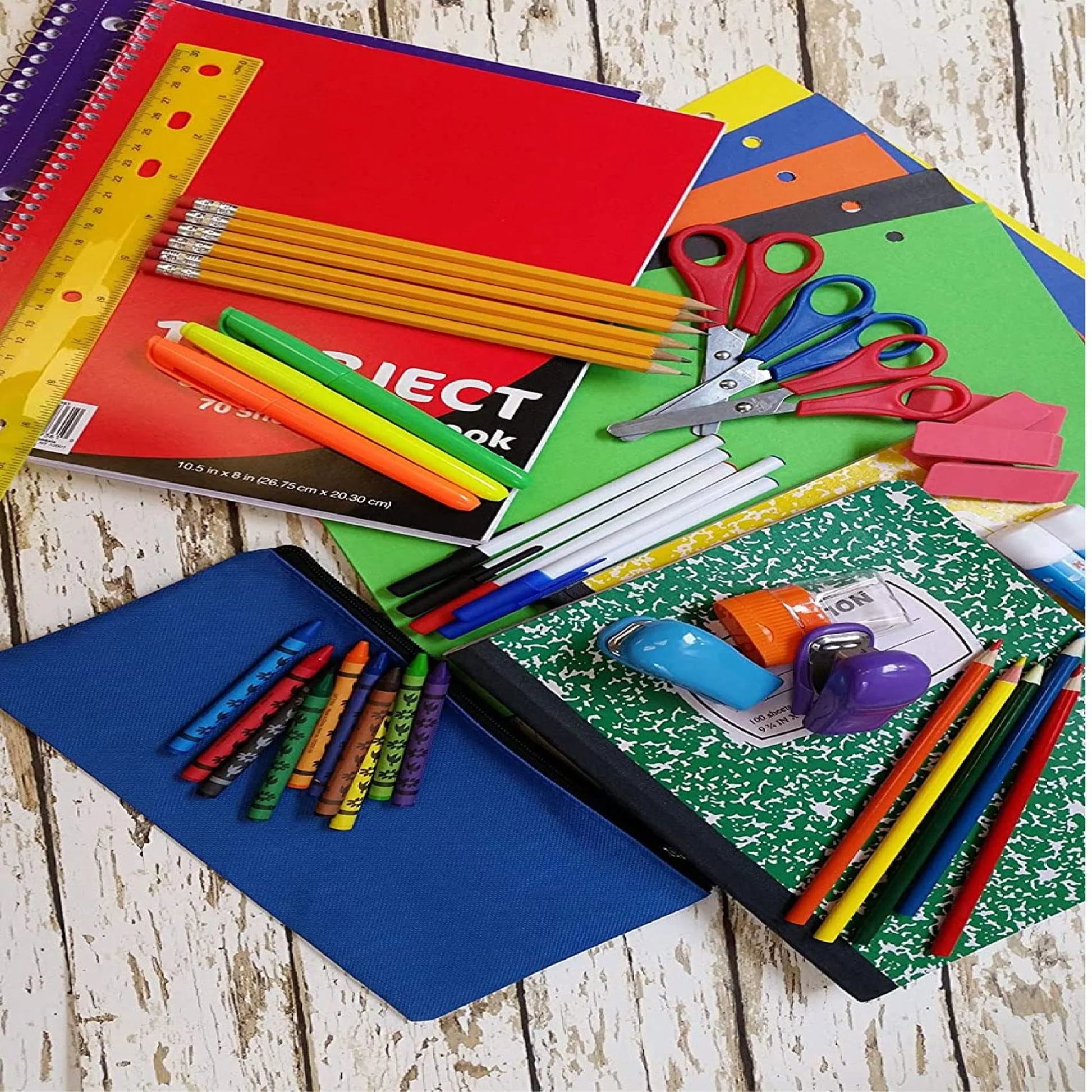 Single 60 Piece Back to School Supplies Kit Containing Spiral Notebooks, Composition Notebook, Folders, Dry Erase Board, Dry Erase Markers, No. 2 Pencils, Pens, Erasers, Markers & More!