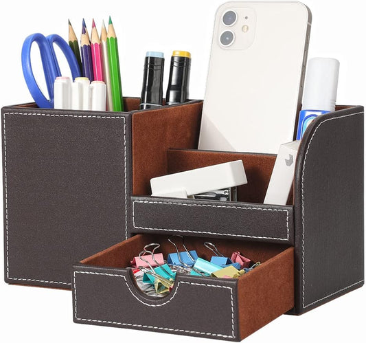 Desk Organizer Office Supplies Caddy Pu Leather Multi-Function Storage Box Pen/Pencil,Cell Phone, Business Name Cards Remote Control Holder with Small Drawer Brown