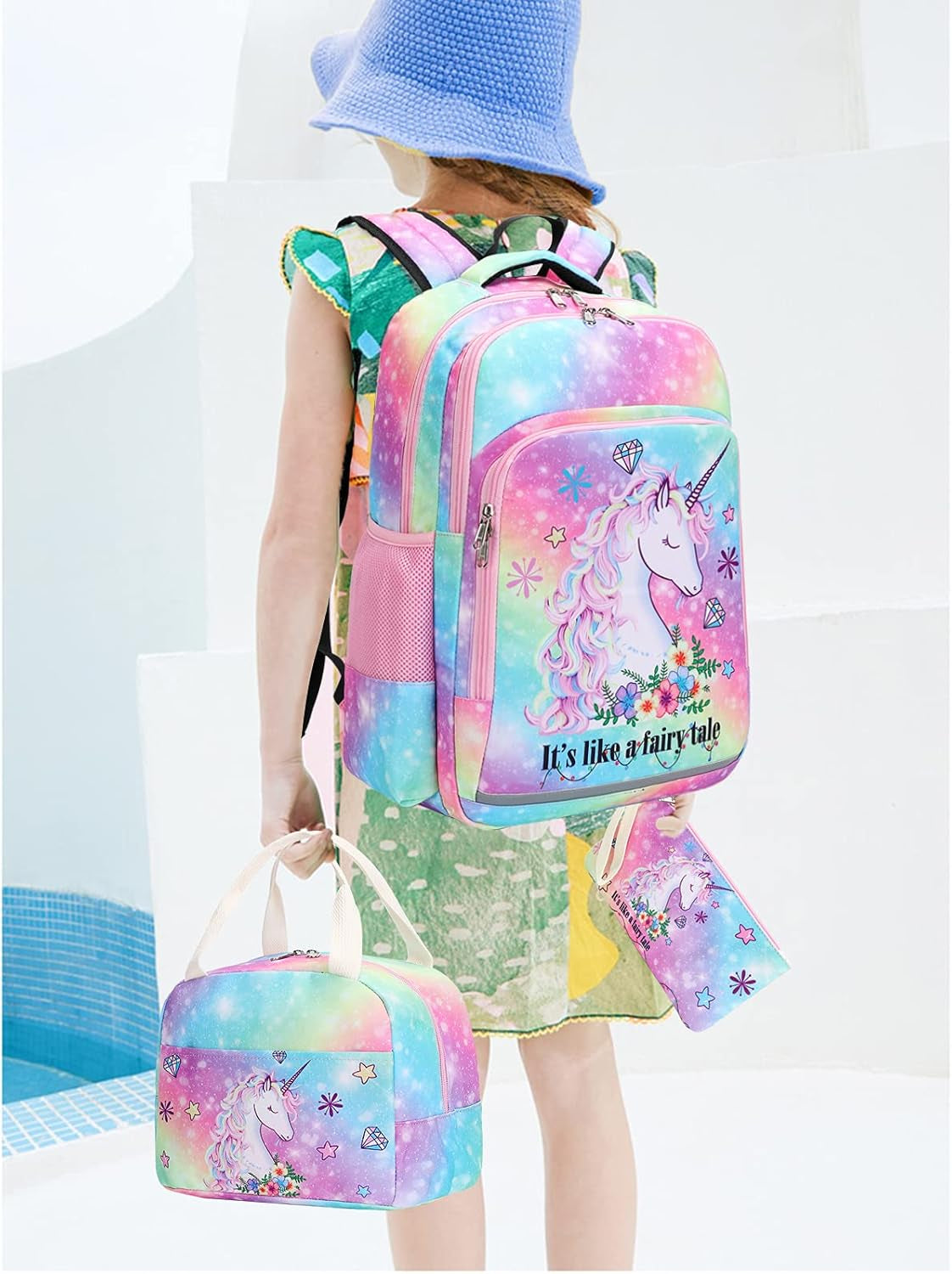 Girls Backpack Kids Boys Elementary Bookbag Girly School Bag with Insulated Lunch Tote and Pencil Pouch