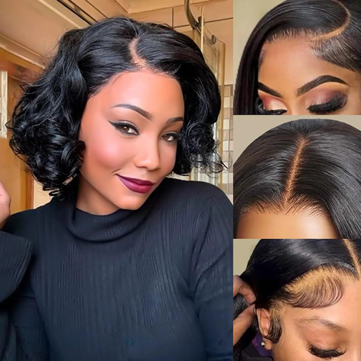 Eeotii Bob Wig Human Hair 13x4 Lace Frontal Wig Body Wave 200% Density Lace Front Wigs Human Hair Short Human Hair Wigs for Black Women Glueless Human Hair Wig Natural Black 14 Inch