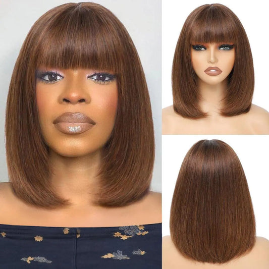 Bob Wig with Bangs Human Hair Glueless Bob Wig Human Hair 10 Inch Brown Cheap Human Hair Wigs 2.5X1 inch Short Human Hair Wigs For Black Women Straight Human Hair Wigs