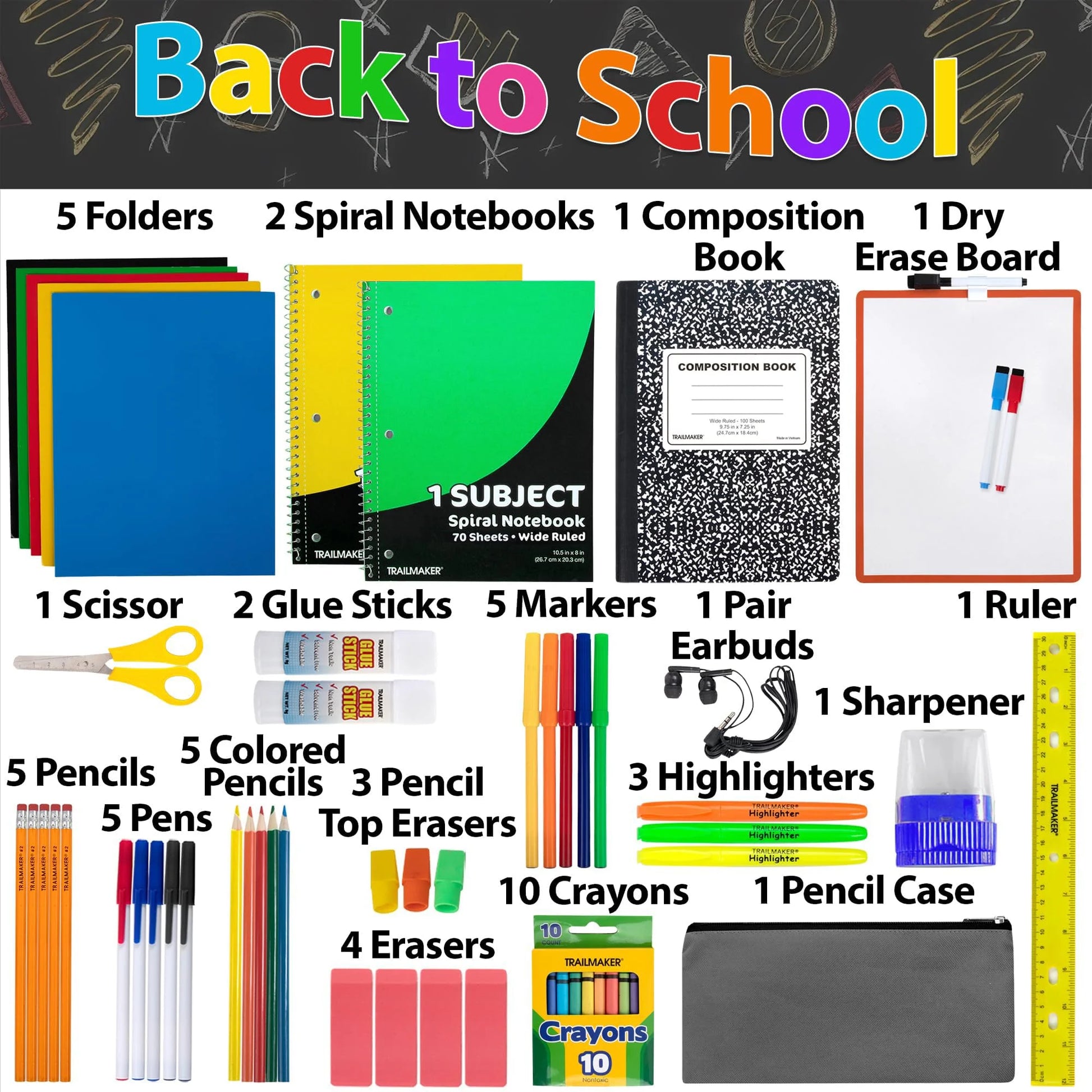 Single 60 Piece Back to School Supplies Kit Containing Spiral Notebooks, Composition Notebook, Folders, Dry Erase Board, Dry Erase Markers, No. 2 Pencils, Pens, Erasers, Markers & More!