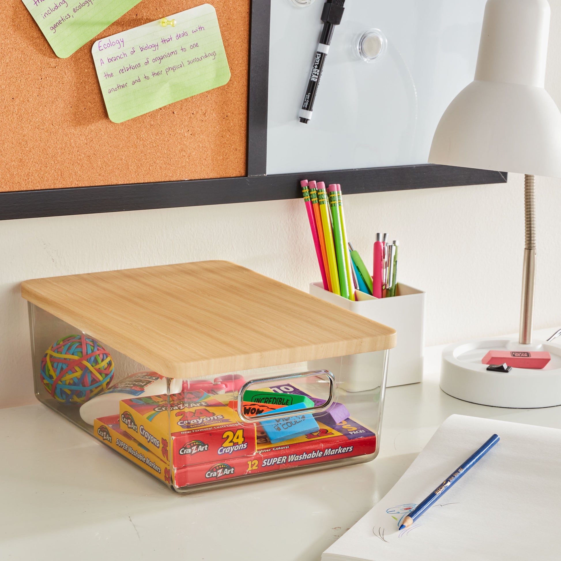 Organizational Storage Box with Woodgrain Pattern Lid, Silver Gray
