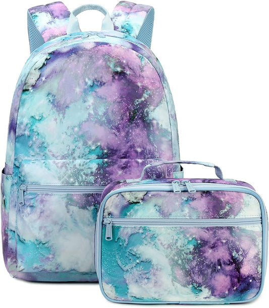 Lightweight Galaxy School Backpacks for Teen Girls Backpack with Lunch Bag (B Galaxy)
