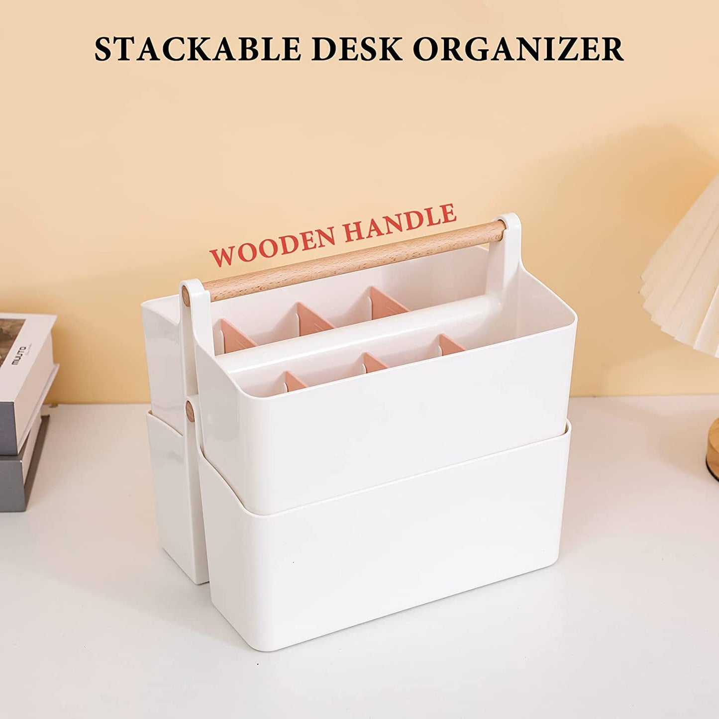 Large Marker Pen Organizer for Desk, Adjustable Pencil Holder for Home Office, Plastic Storage Basket with Wooden Handle for School, Classroom, Art Crafts Supply Caddy (White/Pink - 2 Pack)