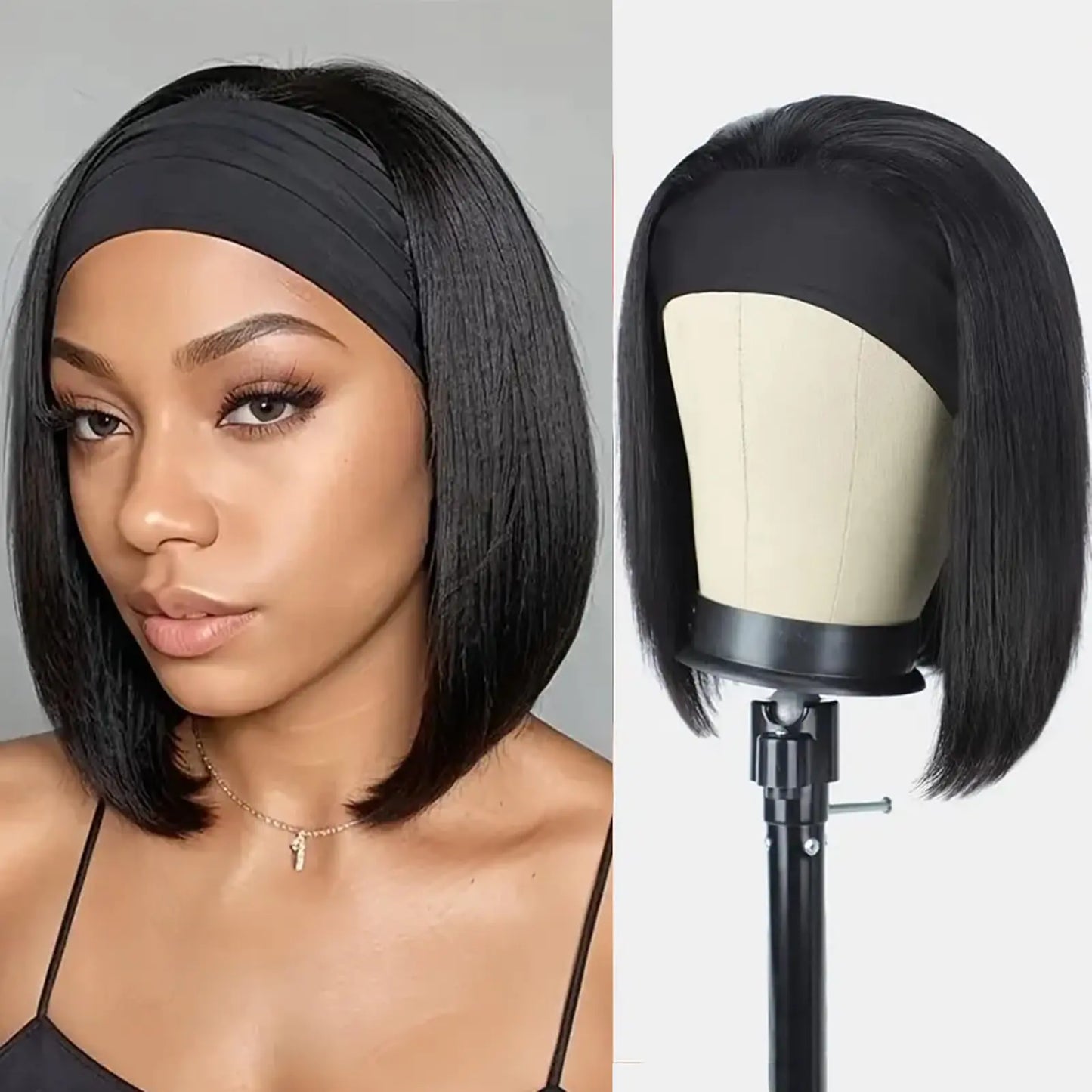 XCHJH Bob Headband Wigs For Black Women Human Hair Glueless Wig Short Straight Bob Wigs Ready to Go Human Hair for Black Women Natural Color 12 Inch 180% Density（1B12 Inch）