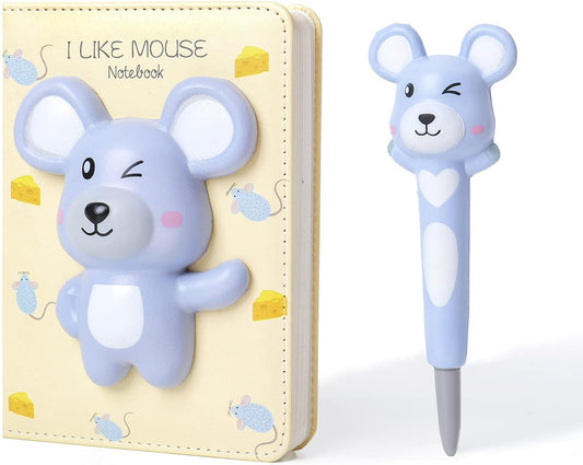 Notebook for Girls Notebooks with Squishy Animals Stress Relief Pen,Cute Decompression Journal for Women,Mouse Notebooks+One Pens