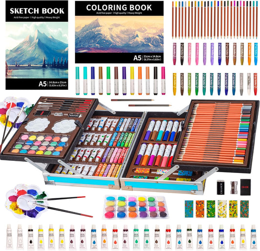 Deluxe Art Supplies Kit for Kids, Boys, Girls, Teens, Ages 5-12, with Sketch Pad, Watercolors, Crayons, Pencils, Markers, Oil Pastels, Palettes, Brushes, Erasers - Blue