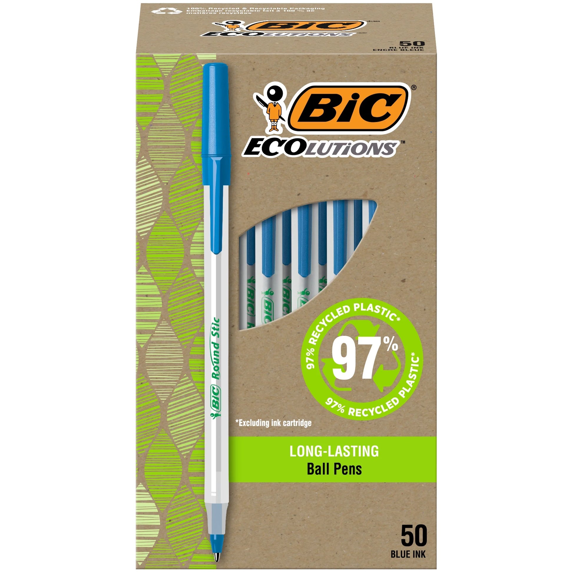 Ecolutions round Stic Ball Point Pen, Blue, 1.0Mm Medium Point, 50 Pack