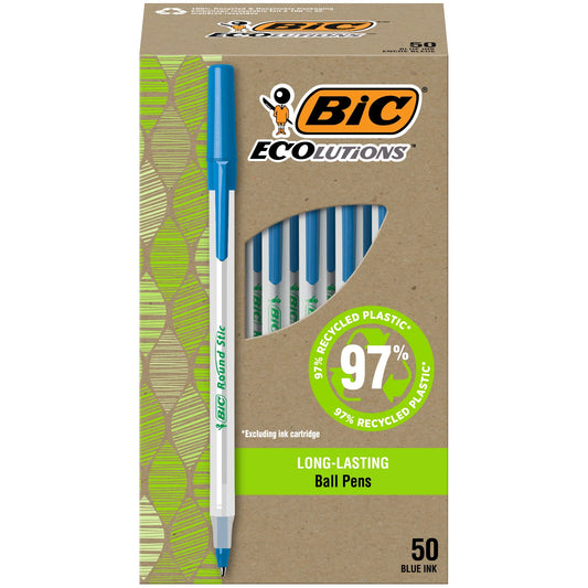 Ecolutions round Stic Ball Point Pen, Blue, 1.0Mm Medium Point, 50 Pack