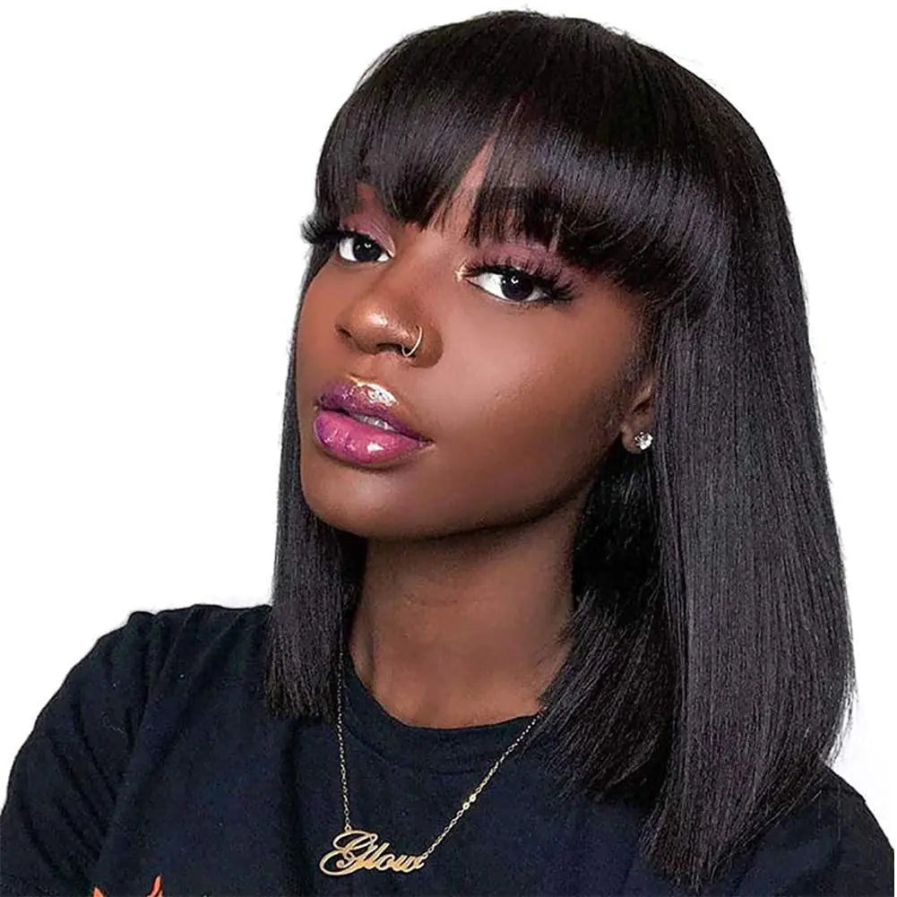BLSKEN Human Hair Short Straight Bob Wig 150% Density Short Straight Bob Wig With Bangs Brazilian Hair Wigs (Natural Black 14 Inch)