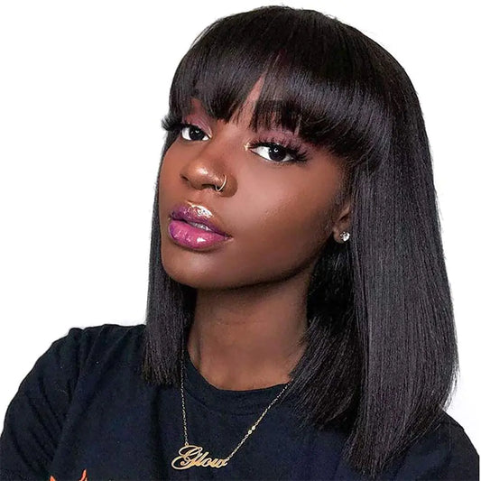 BLSKEN Human Hair Short Straight Bob Wig 150% Density Short Straight Bob Wig With Bangs Brazilian Hair Wigs (Natural Black 14 Inch)