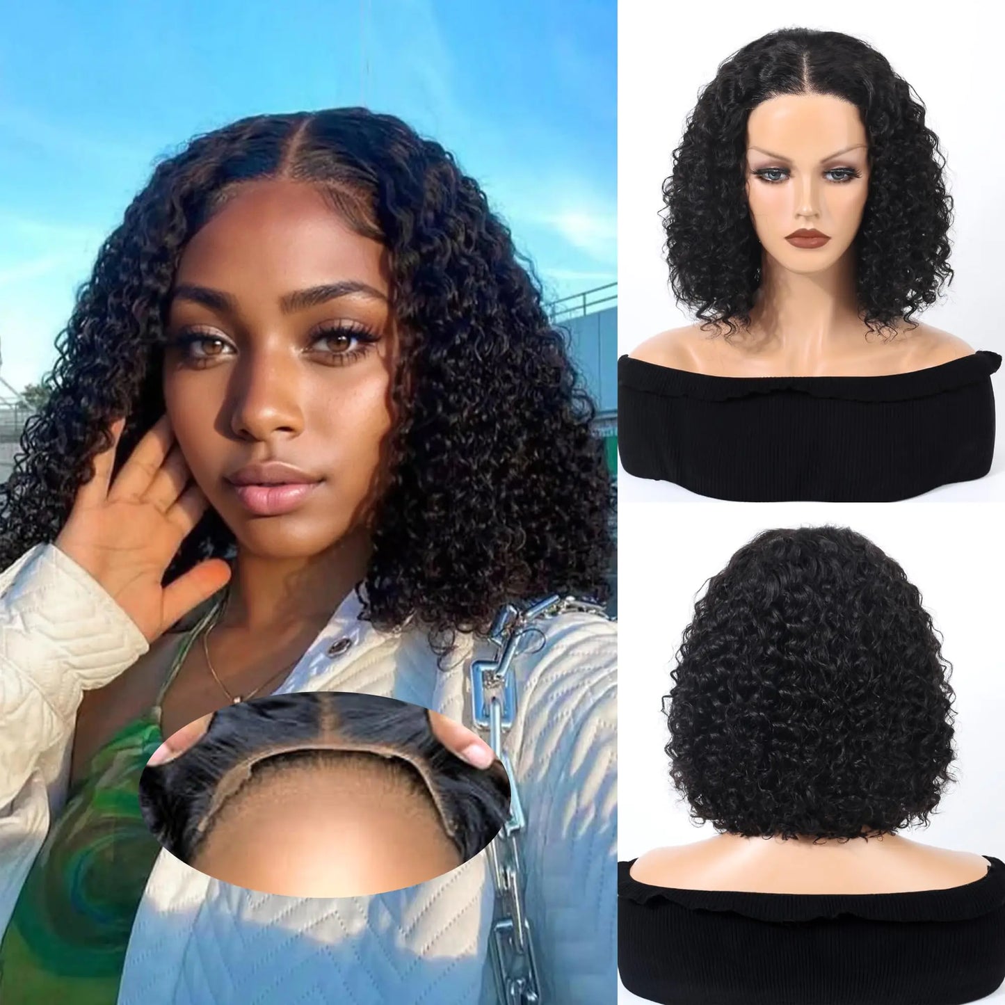 Wear and Go Glueless Bob Wig Human Hair Pre Plucked Pre Cut 200% Density 4X4 HD Transparent Lace Front Wigs Human Hair for Black Women Curly Wave Bob Wigs Human Hair Curly Wig(14Inch1B Nature black）
