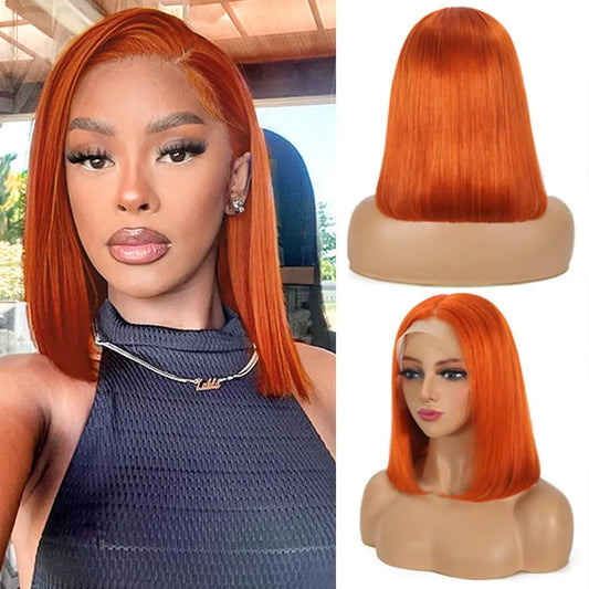 Ginger Orange Bob Wig Human Hair for Black Women 13x4 HD Transparent Lace Front Wigs Human Hair Pre Plucked Straight Ginger Bob Lace Frontal Wigs Wear and Go Colored #350 Orange Bob Wig 12 Inch