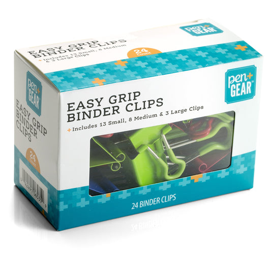 Pen + Gear Easy-Grip Binder Clips, Assorted Colors and Sizes, 24 Count