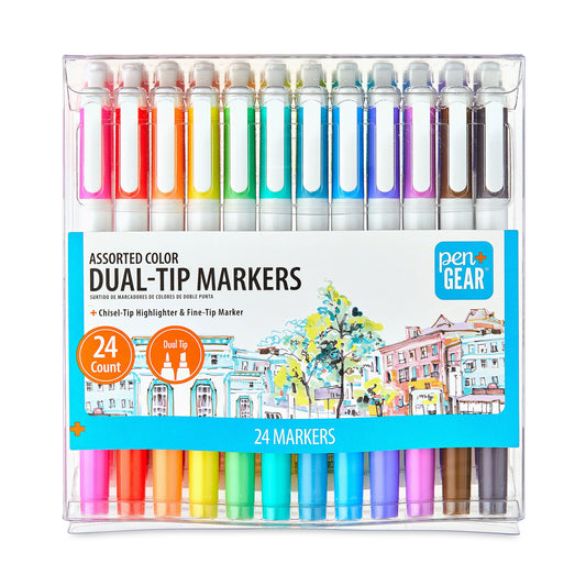 Fine & Chisel Dual-Tip Markers, Assorted Ink Colors, 24 Count