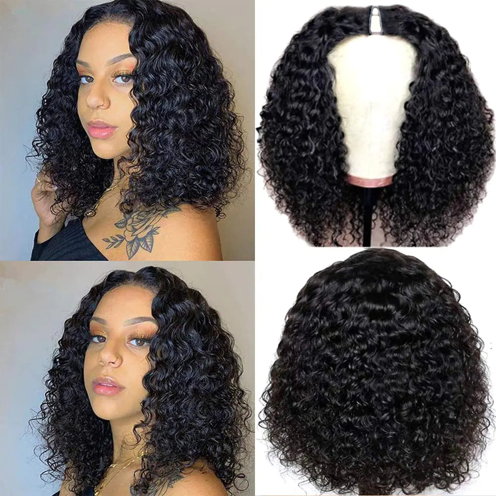 Amznlady Curly Pixie Cut Wig Human Hair Wigs V Part Human Hair Wig No Leave Out Brazilian Human Hair Wig For Black Women Curly Bob Wig Upgrade U Part Wig NO Glueless 180% Density Natural Black 14 Inch