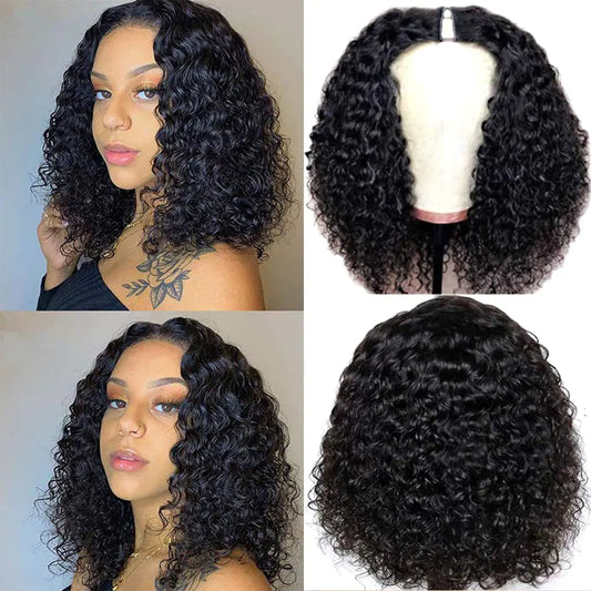 Amznlady Curly Pixie Cut Wig Human Hair Wigs V Part Human Hair Wig No Leave Out Brazilian Human Hair Wig For Black Women Curly Bob Wig Upgrade U Part Wig NO Glueless 180% Density Natural Black 14 Inch