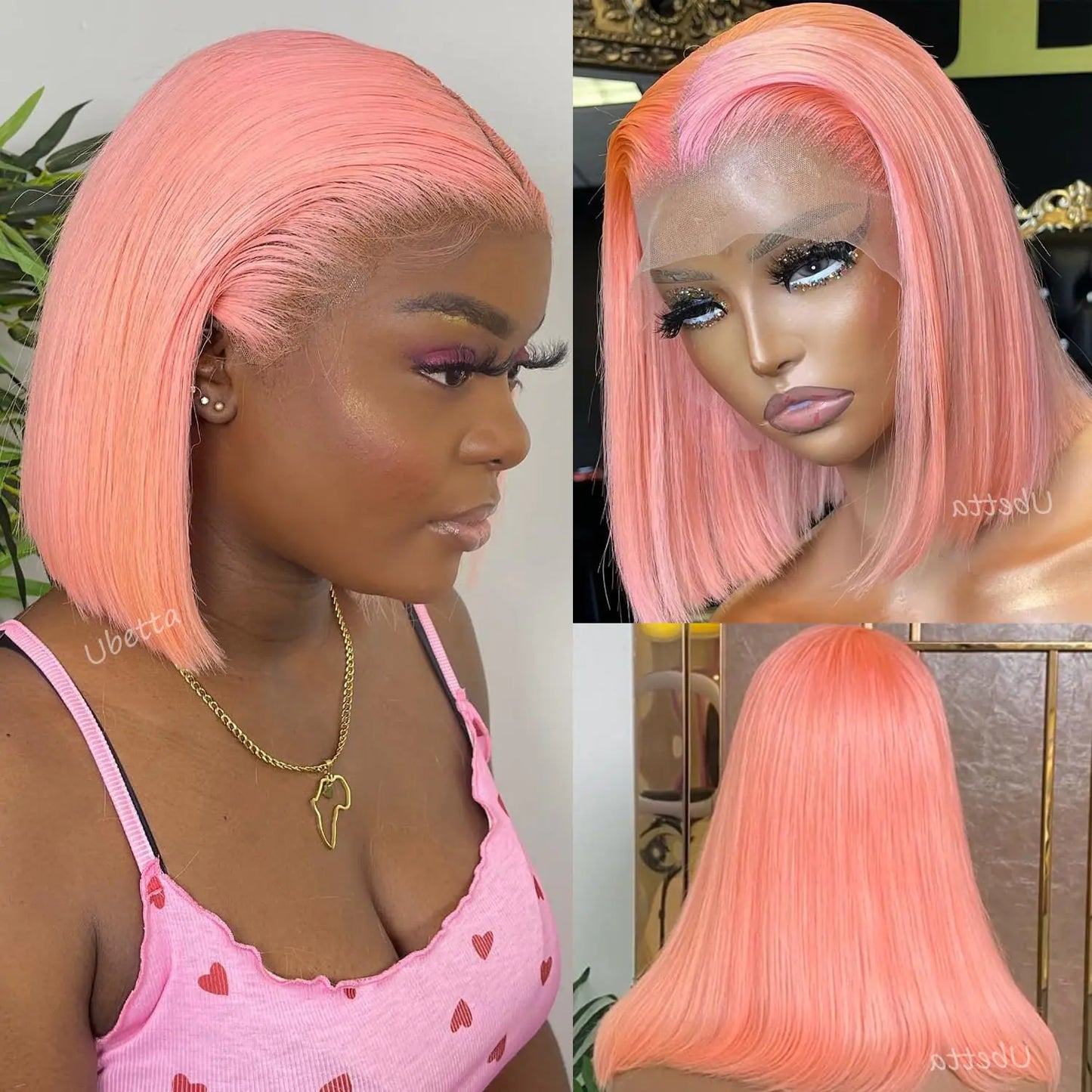 Pink Lace Front Bob Wig Human Hair 8 Inch Short Bob Wig Human Hair 13x4 Lace Front Wigs Human Hair Pink Bob Deep Part 180% Density Pre Plucked Virgin Human Hair Glueless HD Lace Bob Wigs for Women