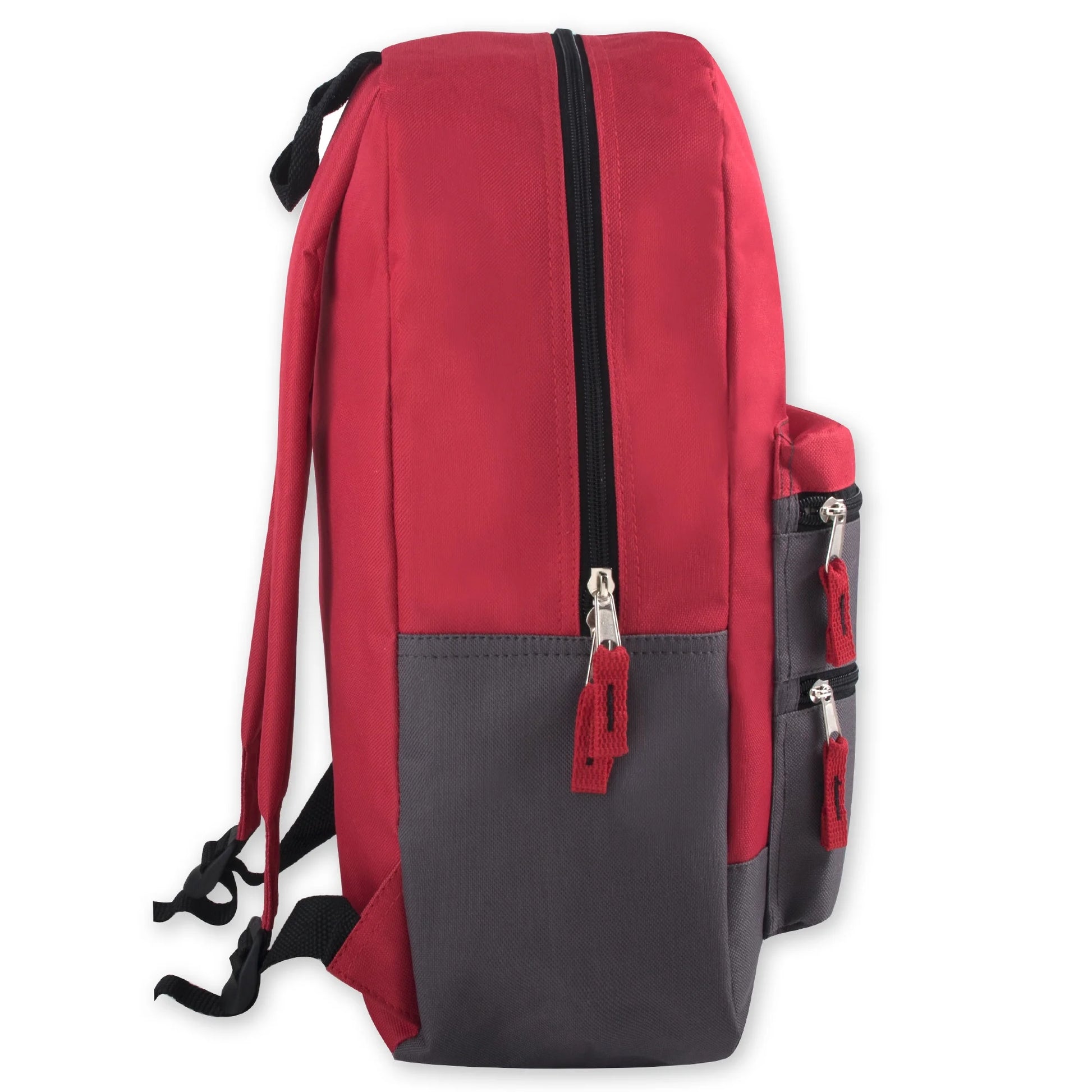 17”L Multi Pocket Dual Zipper Backpack with 2 Front Zippered Accessory Pockets and Large Main Compartment for Work, School, Travel and Commute in Red and Black